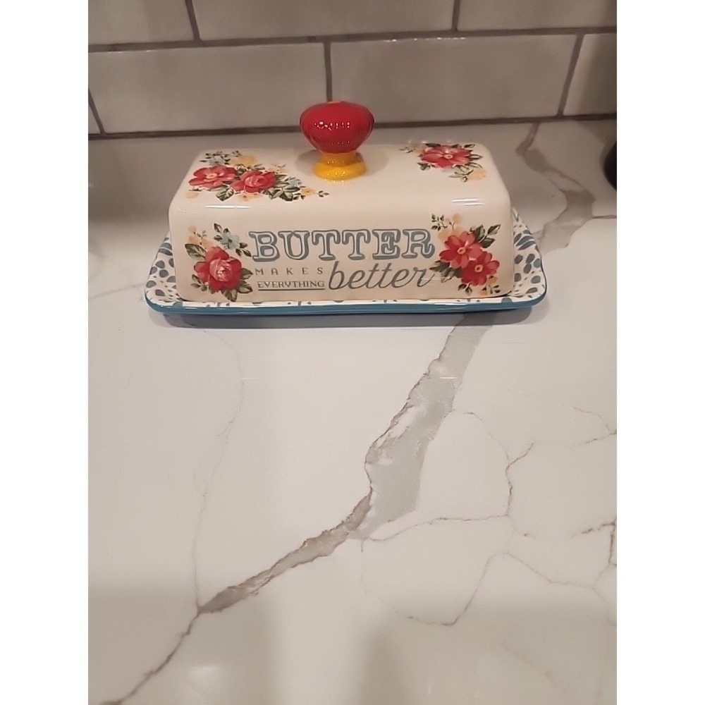 Pioneer Woman "Butter Makes Everything Better" Floral Stoneware Butter Dish 3847